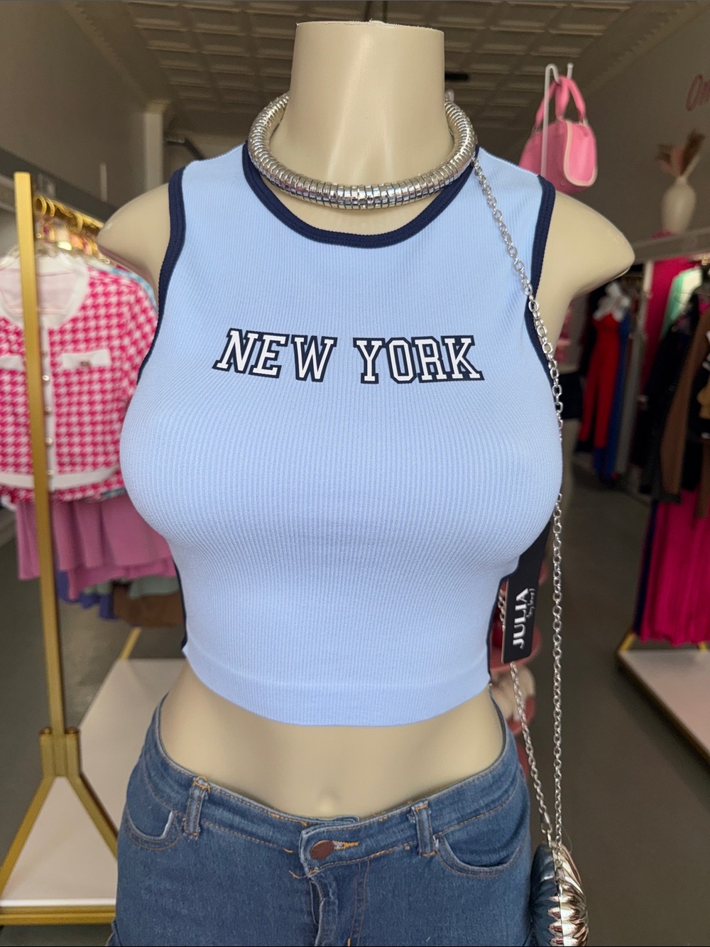 NEW YORK Ribbed Crop Tank Top - Baby Blue with Navy Trim